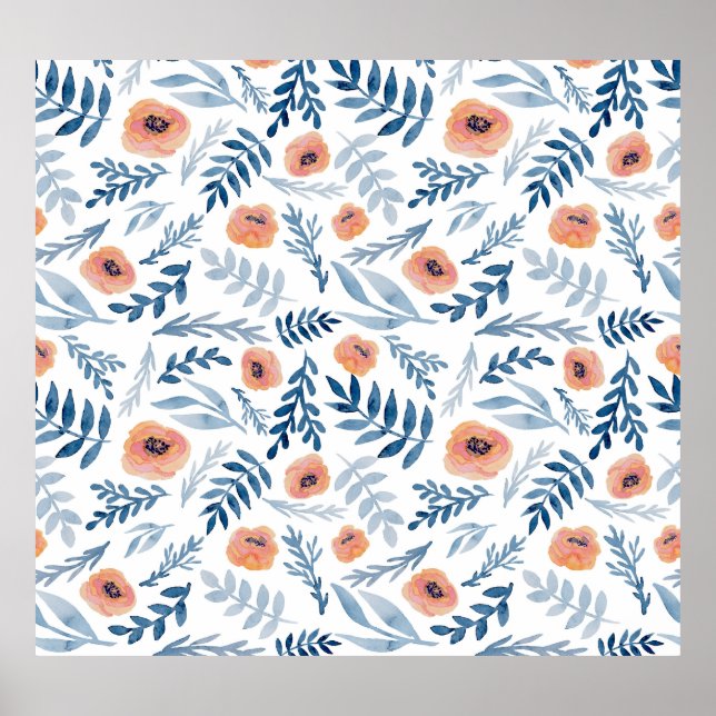 Affiche Roses d'aquarelle : Feuilles bleus sans couture (Devant)