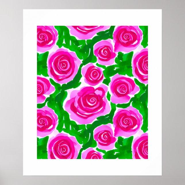 Affiche Roses d'aquarelle rose Fuchsia (Devant)