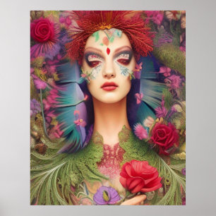 Affiche Roses de beauté féminine sur la coiffure de plumes