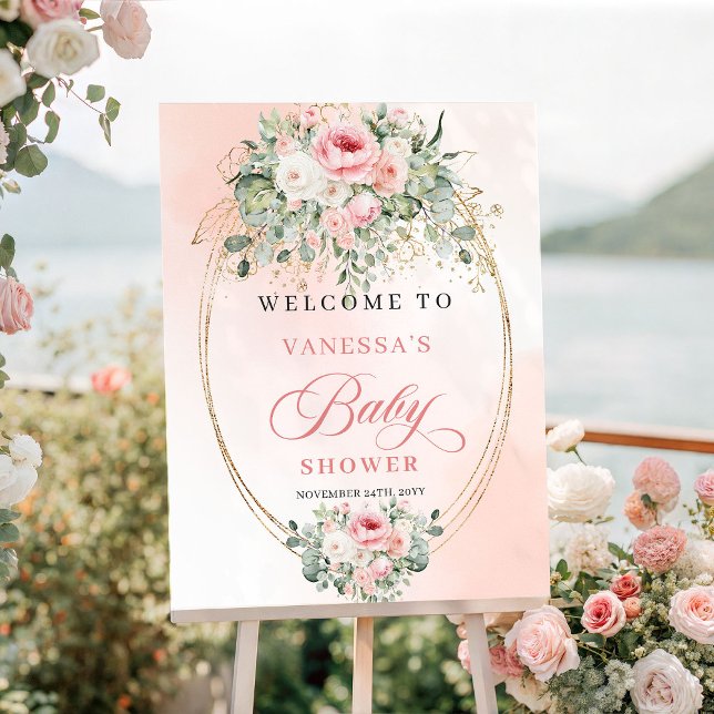 Affiche Roses de teint rosé verdure orée Baby Shower Bienv (Sweet Blush Roses Greenery Gold Baby Shower Welcome)