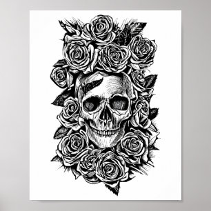 Affiche Roses du crâne humain Goth Biker Illustration d'ar