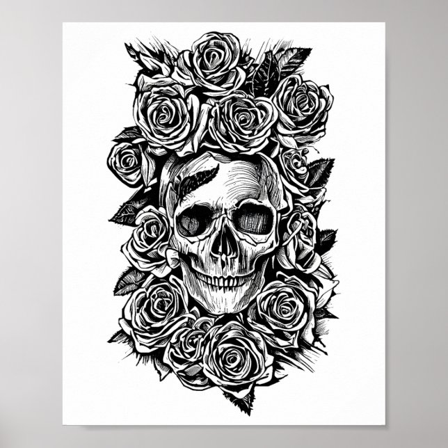 Affiche Roses du crâne humain Goth Biker Illustration d'ar (Devant)
