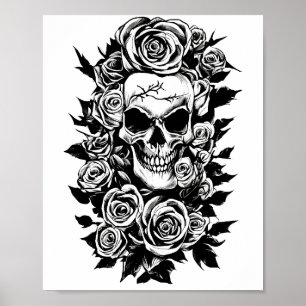 Affiche Roses du crâne humain Goth Dessin original à l'enc