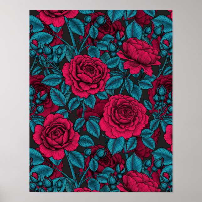 Affiche Roses en rouge et bleu (Devant)