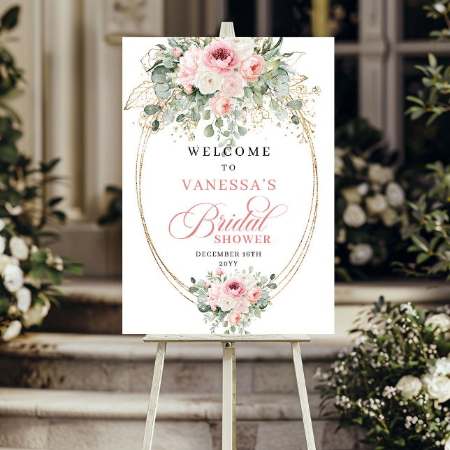 Affiche Roses Fardées Dorées Accueil de Mariage (Glam Blush Roses Gold Bridal Shower Welcome)