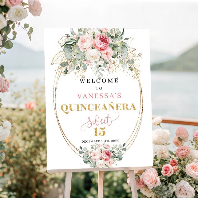 Affiche Roses Fines Modernes en Rose Doré pour Accueil de  (Modern Blush Roses Gold Quinceañera Welcome)