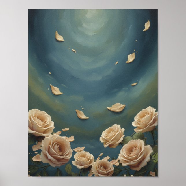 Affiche  Roses & Floating Petals Teal Blue Oil Painting (Devant)