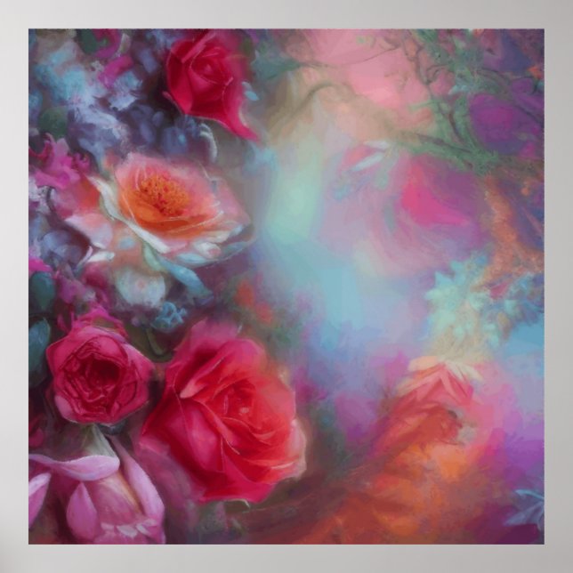 Affiche Roses Imaginaires Peints En Pêche Vintage Botaniqu (Devant)