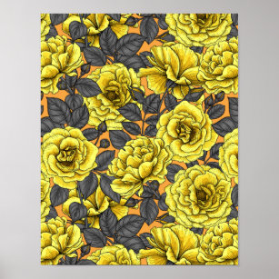 Affiche Roses jaunes avec feuilles gris sur orange