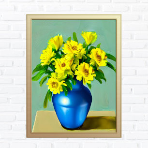 Affiche Roses jaunes dans un Vase bleu Boho Art