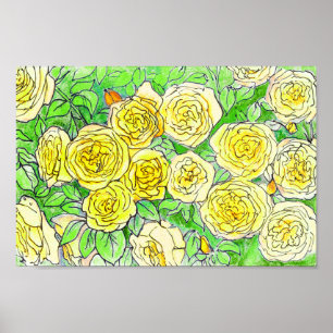 Affiche Roses Jaunes, Vert Feuille Rose Jardin Floral Art