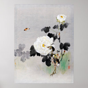 Affiche Roses, Jeune Oiseau et papillon, Watanabe Seitei