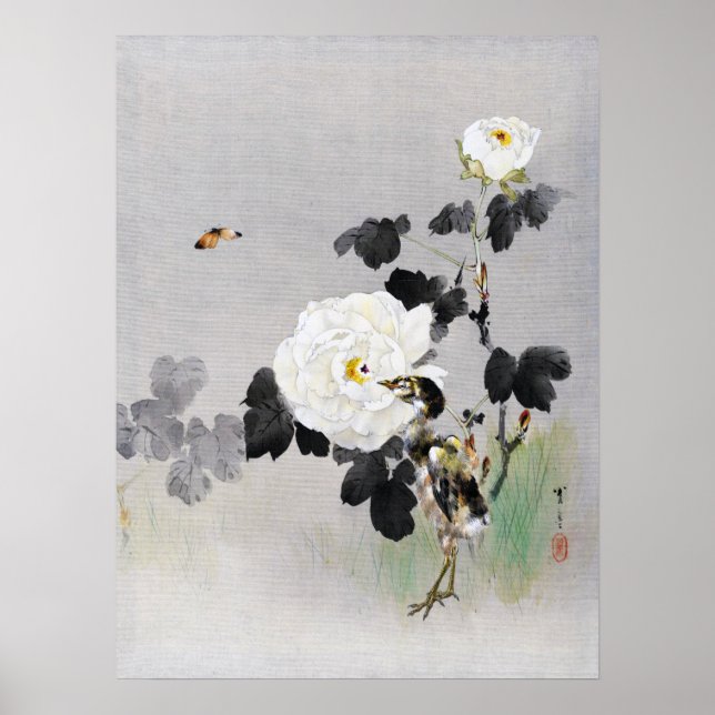 Affiche Roses, Jeune Oiseau et papillon, Watanabe Seitei (Devant)