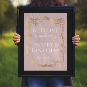 Affiche Roses Lotus rose et or Frame Bienvenue Mariage