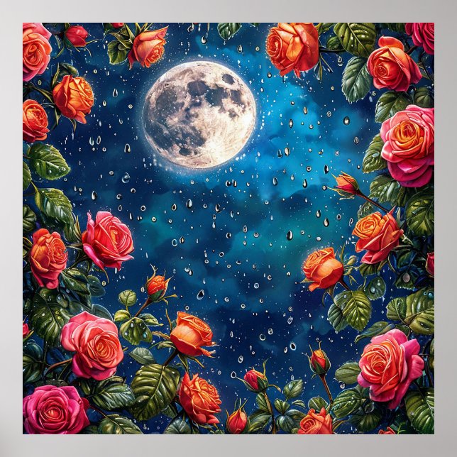 Affiche Roses Luxuriantes Encadrant une Pleine Lune dans u (Devant)