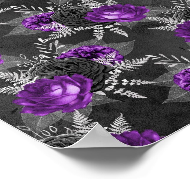 Affiche Roses Noires Violettes Feuilles d'Argent Jardin So (Coin)