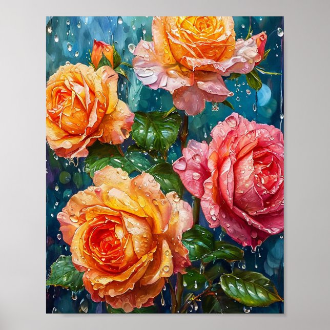 Affiche Roses orange brillantes avec gouttes de rosée (Devant)