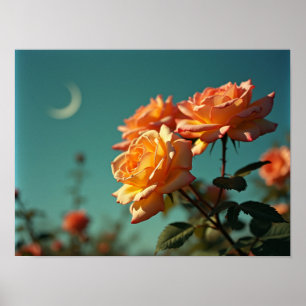 Affiche Roses Péches Vintage sous le ciel de lune croissan