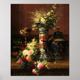 Affiche Roses, Pivoines, Myosotis dans un vase japonais