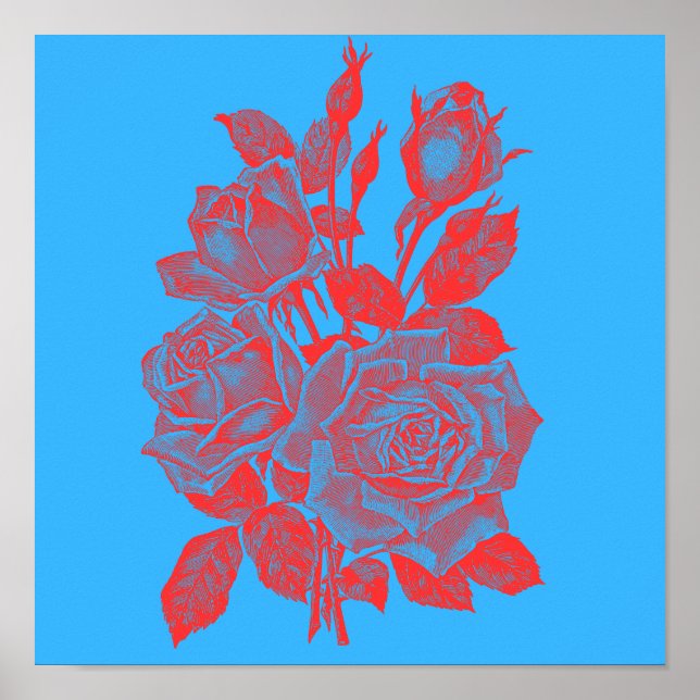 Affiche Roses Pop-Art Néon : Gravure Rouge Vibrante (Devant)