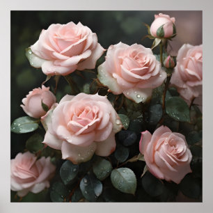 Affiche Roses rose pastel avec Feuilles vert foncé