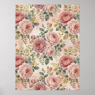 Affiche Roses Rose Poussiéreux Charme Élégant Vert Sauge O