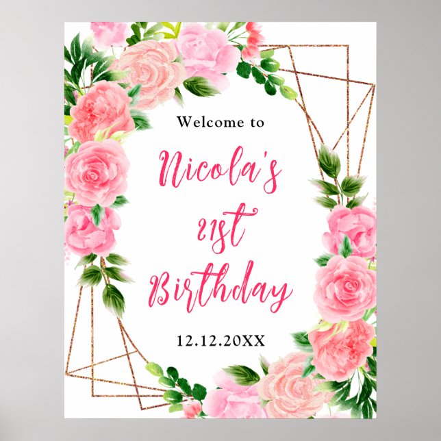 Affiche Roses roses avec feuillage Bienvenue d'anniversair (Devant)