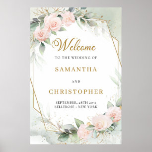 Affiche Roses roses blanches eucalyptus or mariage accueil