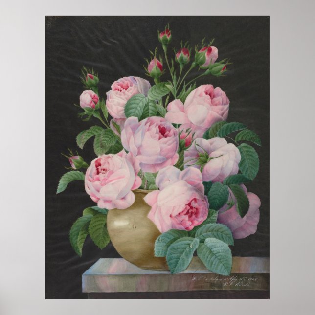 Affiche Roses roses dans un vase - Pierre Joseph Redouté (Devant)