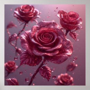 Affiche Roses roses délicates avec gouttes de rosée et pai