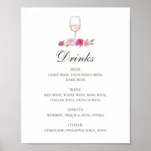 Affiche Roses roses et vin roses. Bar à boissons florales