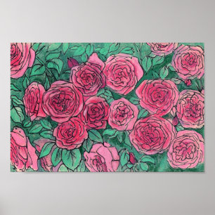 Affiche Roses roses, Fleurs Roses Jardin Art Floral Croqui