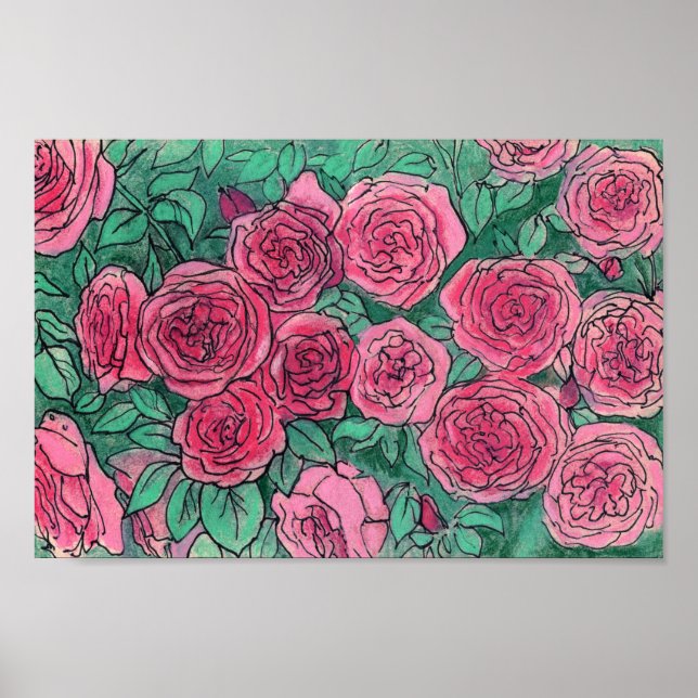 Affiche Roses roses, Fleurs Roses Jardin Art Floral Croqui (Devant)
