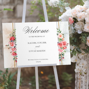 Affiche Roses roses romantiques et calligraphie Bienvenue