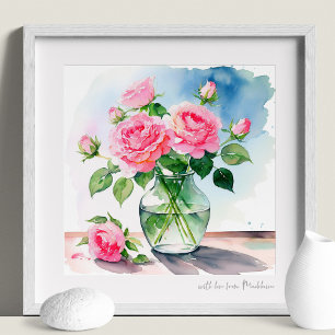 Affiche Roses Roses Roses Profondes En Vase Verre Aquarell