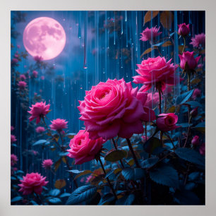 Affiche Roses roses roses vibrantes dans un jardin pluvieu