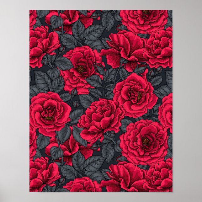 Affiche Roses rouges avec feuilles gris sur noir (Devant)