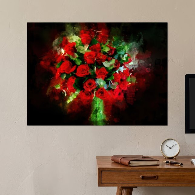 Affiche Roses rouges Bouquet d'aquarelle de fleur - bb (Red Roses Bouquet Watercolor on Black Background. Poster)