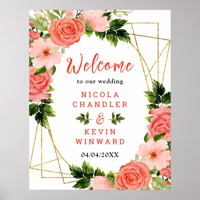 Affiche Roses rouges corail avec feuillage (Devant)