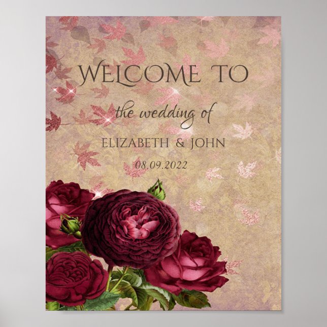 Affiche Roses Rouges Élégantes Feuilles Tombantes (Devant)