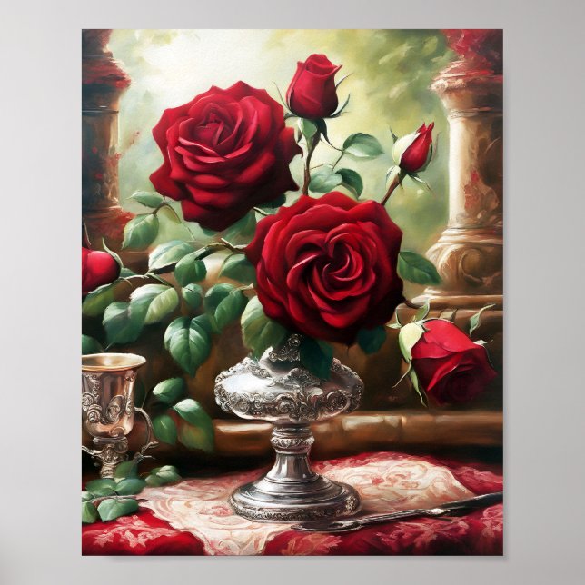 Affiche Roses rouges Fleurs Art Vintage (Devant)
