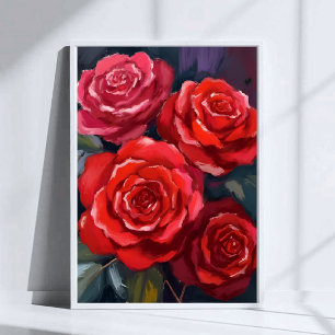 Affiche Roses Rouges Fleurs Florales Peintes à l'Aquarelle