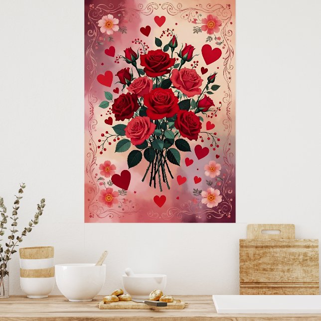 Affiche Roses Rouges, la Saint-Valentin, (Cuisine)