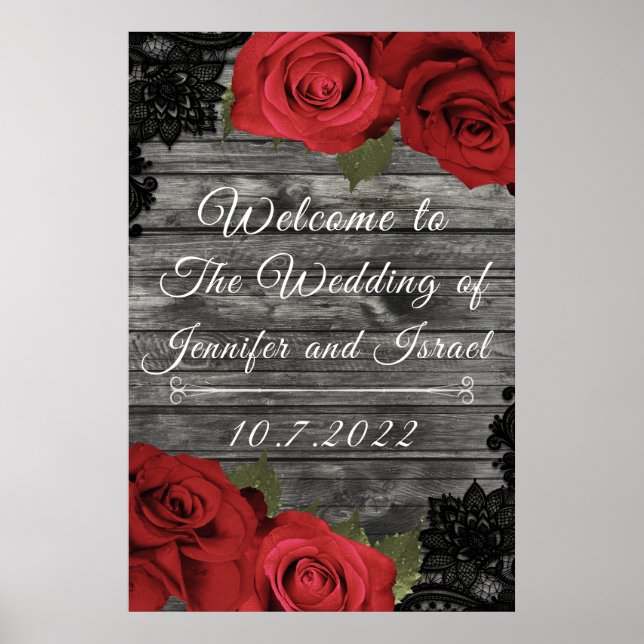 Affiche Roses Rouges Panneau de Mariage Rustique à Dentell (Devant)