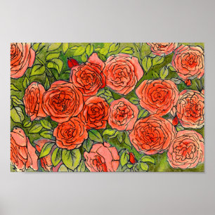 Affiche Roses rouges, Vert Feuille Rose Jardin Fleur d'été