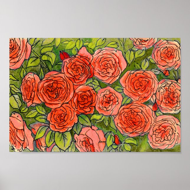 Affiche Roses rouges, Vert Feuille Rose Jardin Fleur d'été (Devant)