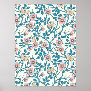 Affiche Roses sauvages et papillons /rose/bleu/blanc cassé