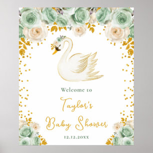 Affiche Roses Swan Sage Green Gold Baby shower Bienvenue