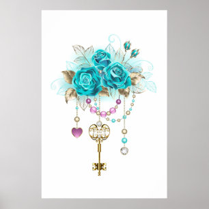 Affiche Roses turquoise avec touches