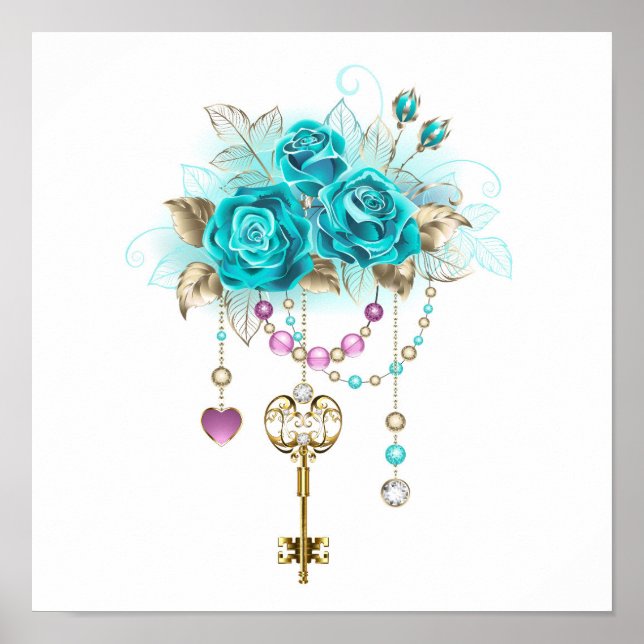 Affiche Roses turquoise avec touches (Devant)
